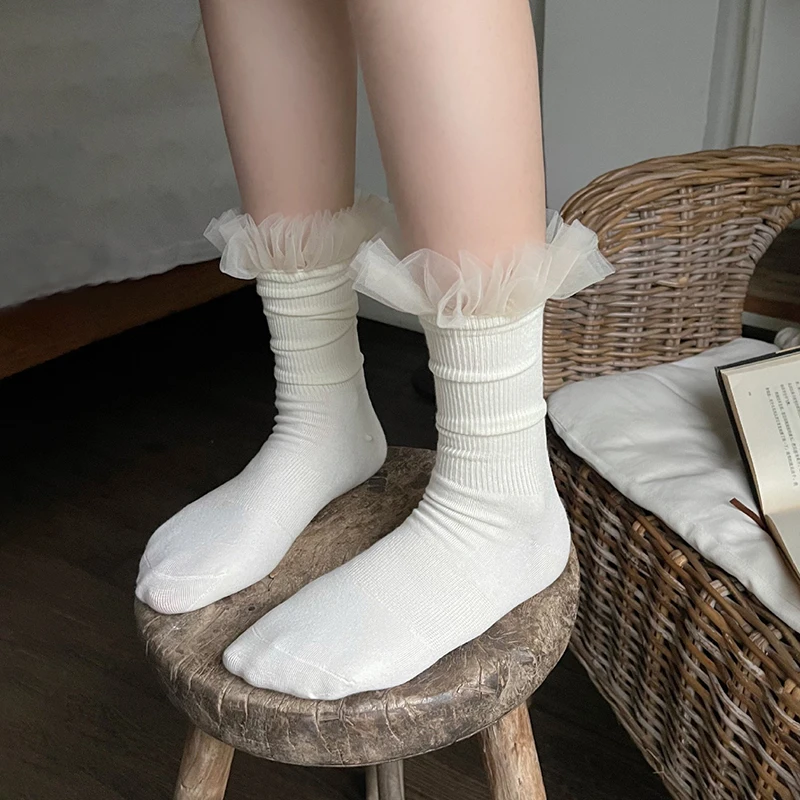 

Lolita Lace Socks Women Frilly Cotton Socks Female JK Long Socks Dress White Black Streetwear Calcetines Medias