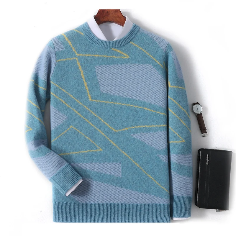 Autumn Winter 100% Merino Wool Thick Warm Men's Round Neck Sweater Knitted Pullover Contrasting Clothing Long Sleeves coat