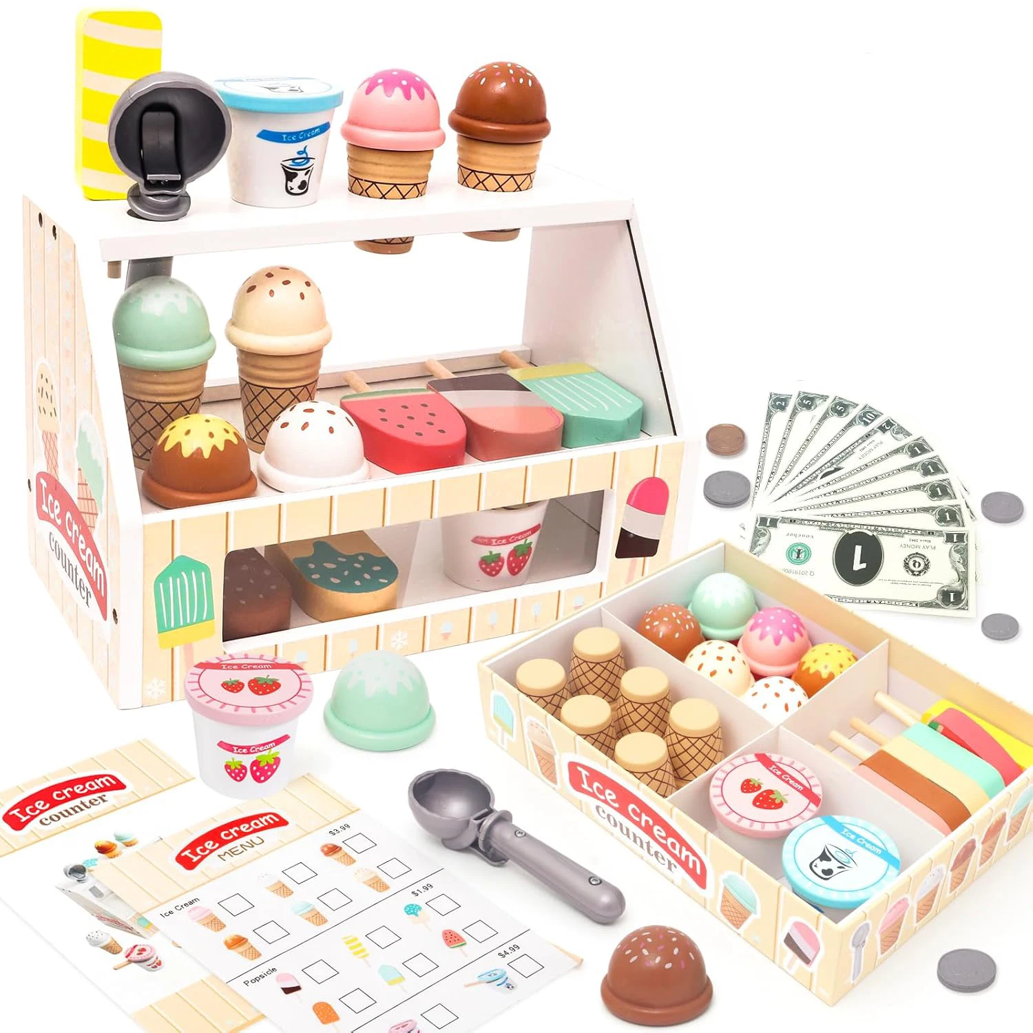 Eiscreme-Spielzeug aus Holz für Kleinkinder, Spielgeschäft, vorgeben, Essen, Küchenzubehör mit Schaufel, Menü und Spielzeuggeld, Weihnachtsgeschenk