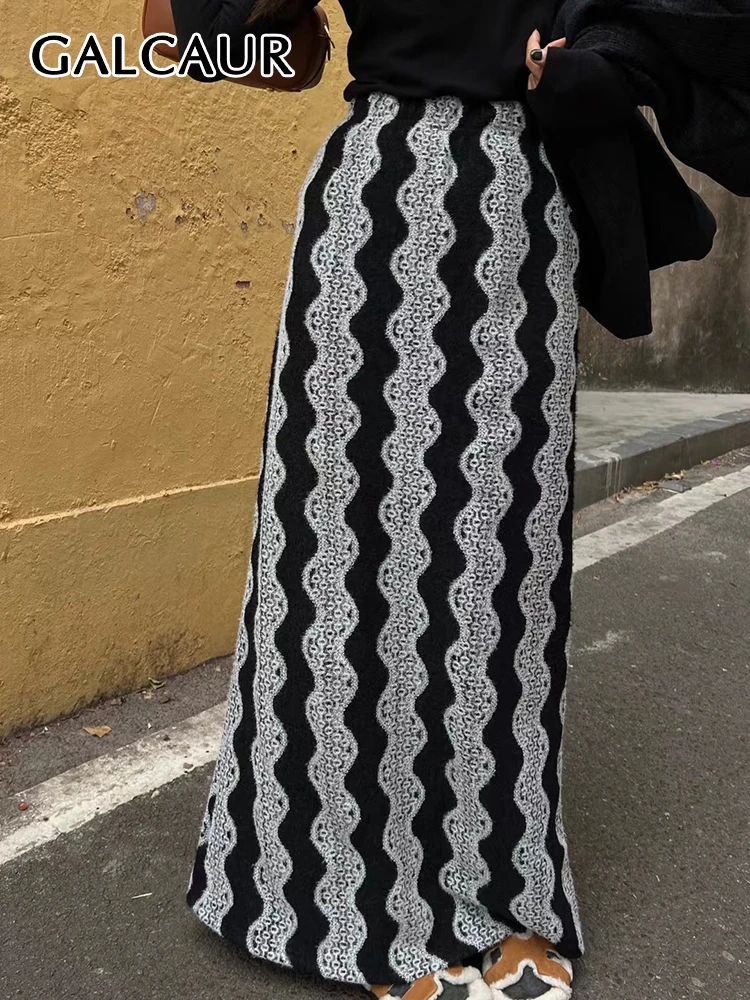 

GALCAUR Striped Colorblock Bodycon Dresses For Women High Waist Casual Split Sliming Skirt Female Autumn Fashion Clothing New