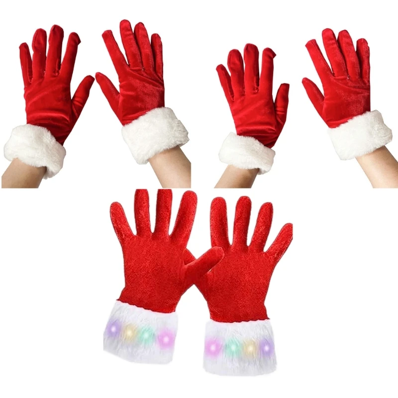 

Keep Warm Full Finger Gloves Adult Cosplay Santa Mitten with LED White Cuffs