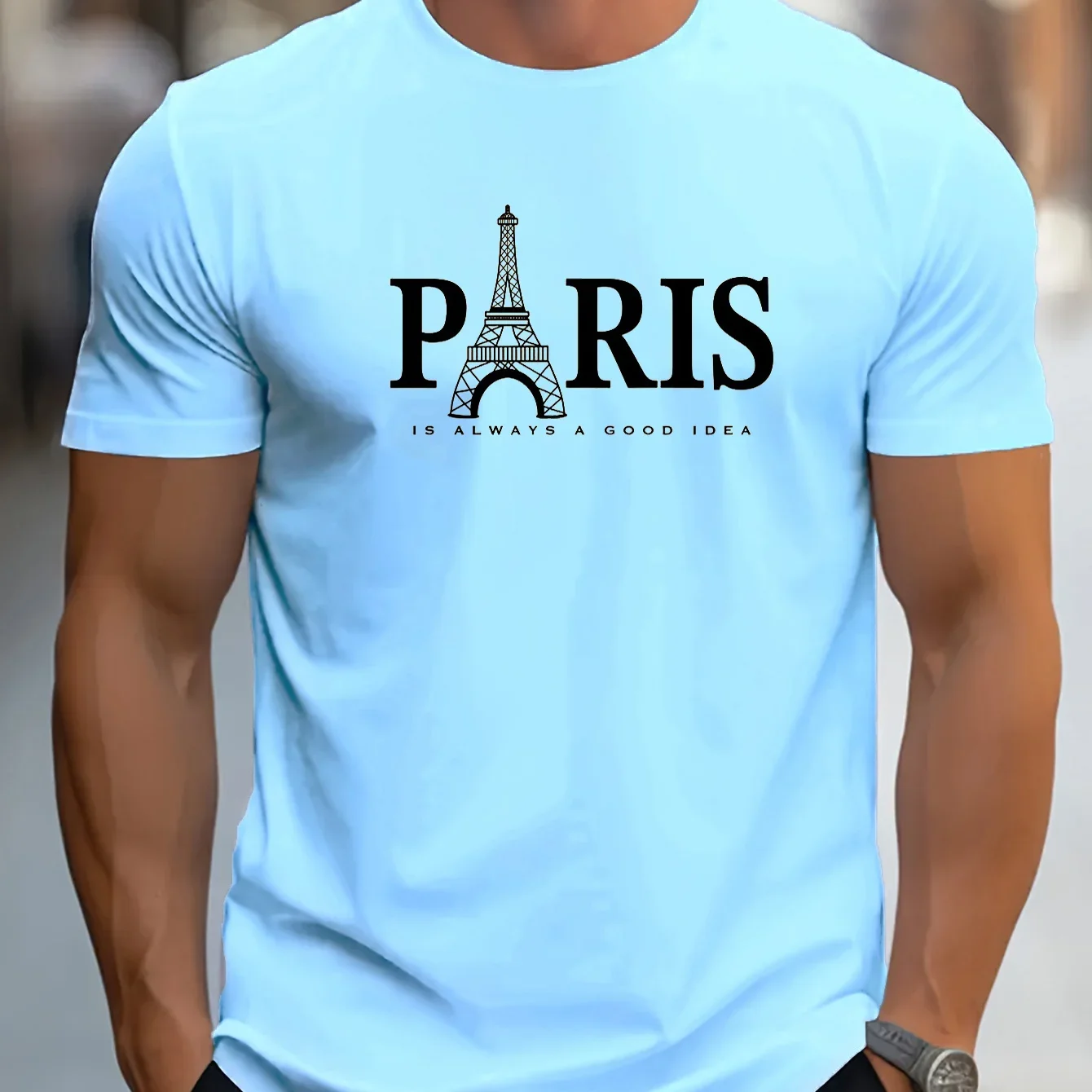 thumbnail image 1 of Camiseta de verano 100% algodón puro para hombre, de talla holgada, con estampado de letras PARIS, informal, cómoda, con cuello redondo y manga corta, 1 of 5