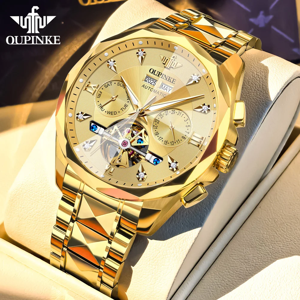 OUPINKE 3316 NEW Gold Watch for Men Tourbillon Design Diamond Dial
