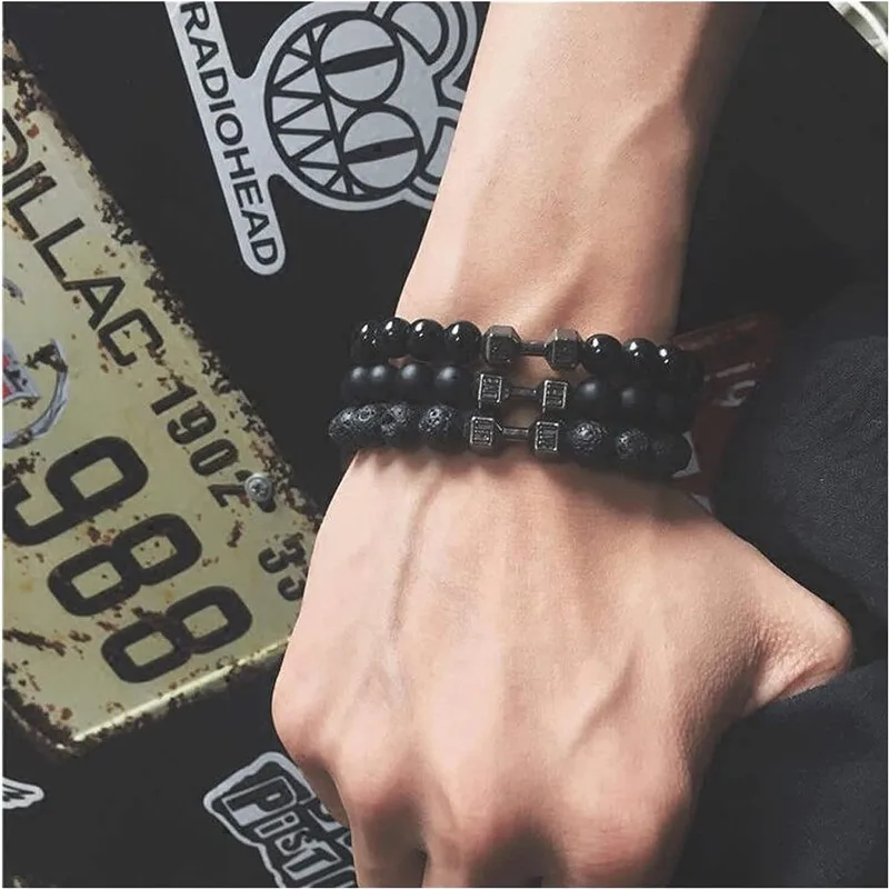 Bangle Bracelet Stone Bracelet Beaded Bracelet Bead Bracelet Men Bracelet Dumbbell Decor Vintage Matte Finish Handmade Elastic Decoration Accessory Round Loose Stone Beads Bracelet Jewelry