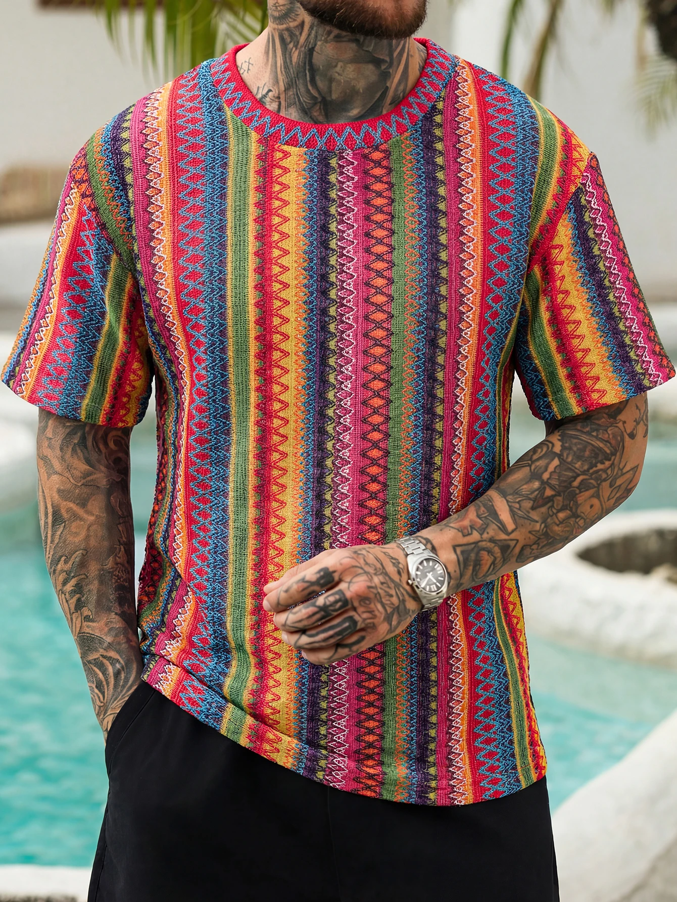 Sommer Herren Bohemian Ethno Jacquard Kurzarm-T-Shirts, Atmungsaktive Gestrickte Kurzarm-Shirts für den Urlaub