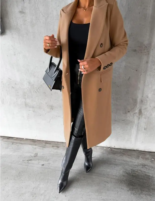 2025 NEUE Herbst Winter Frauen Lose Tren Jacke Top Ele Mode Lange Sve Revers Kragen Tasche Zweireiher Langen Mantel O – Detail 6