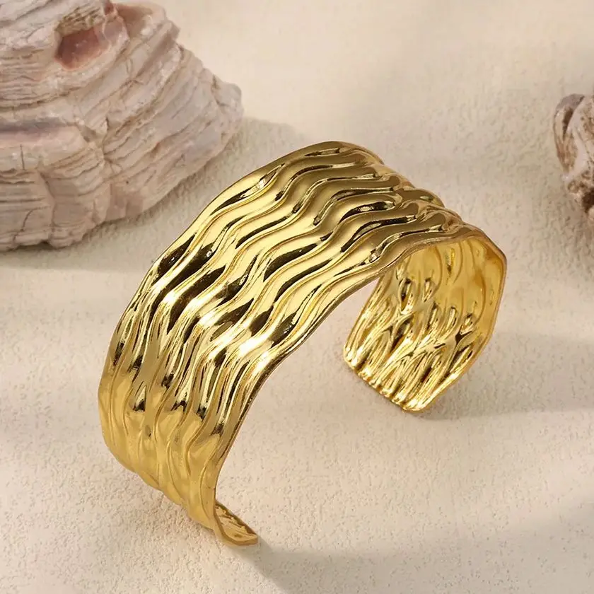 Stainless Steel Wide Wave Cuff Bracelet For Women Christmas Jewelry