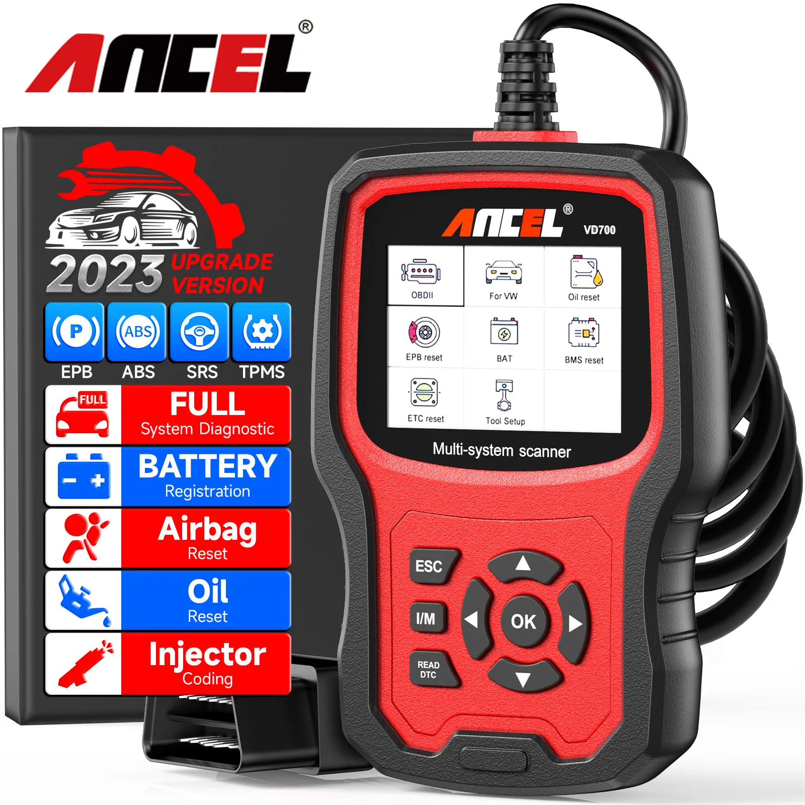 Профессиональный сканер ANCEL VD700 OBD2 для VW, Audi, Seat, Skoda Oil, EPB, SAS, TPMS, полный считыватель кодов системы
