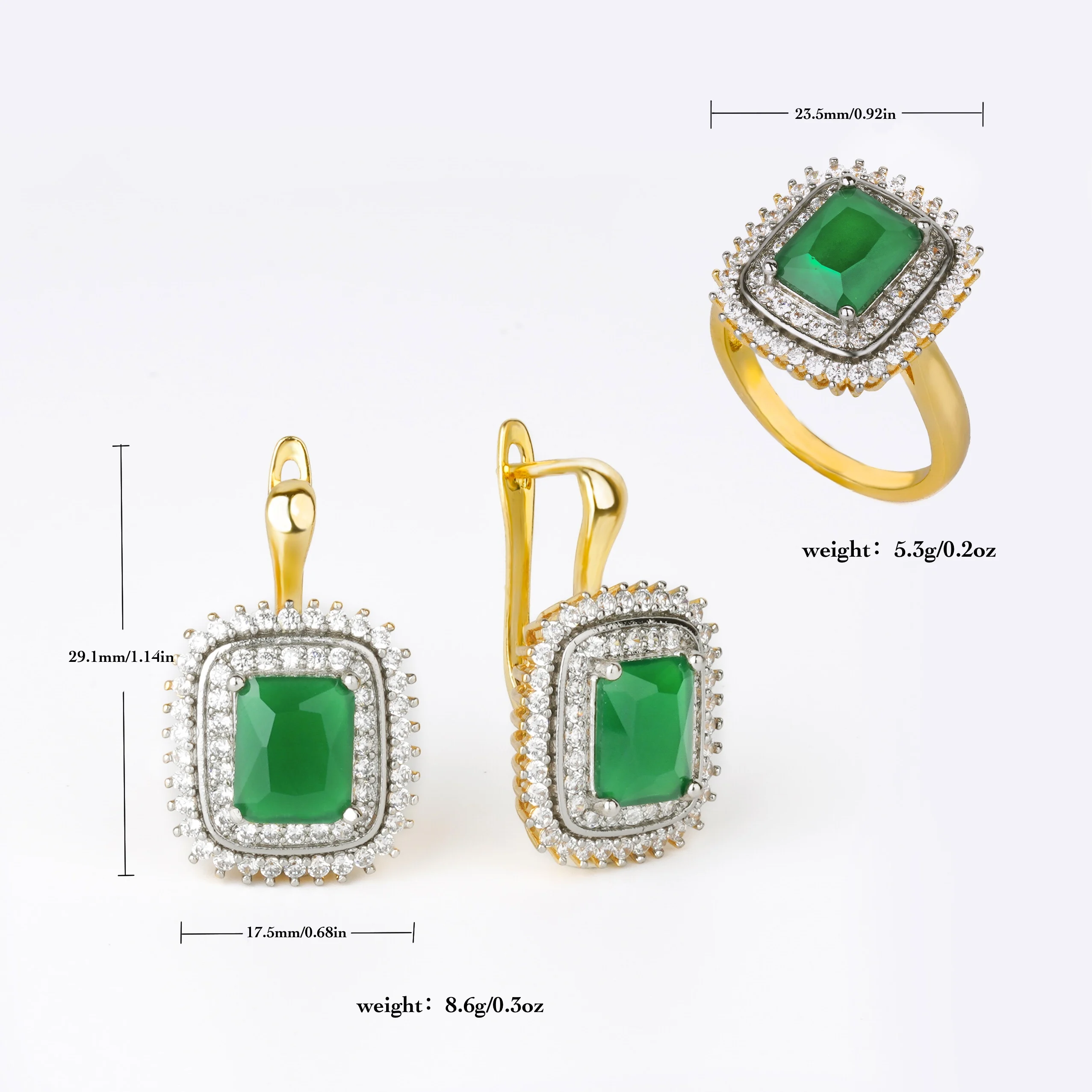 LUYIN Green main Stone Inlaid Earrings Ring Sets Women Copper 2 Color Plated 14K Gold Fashion Jewelry Banquet Wedding Gifts
