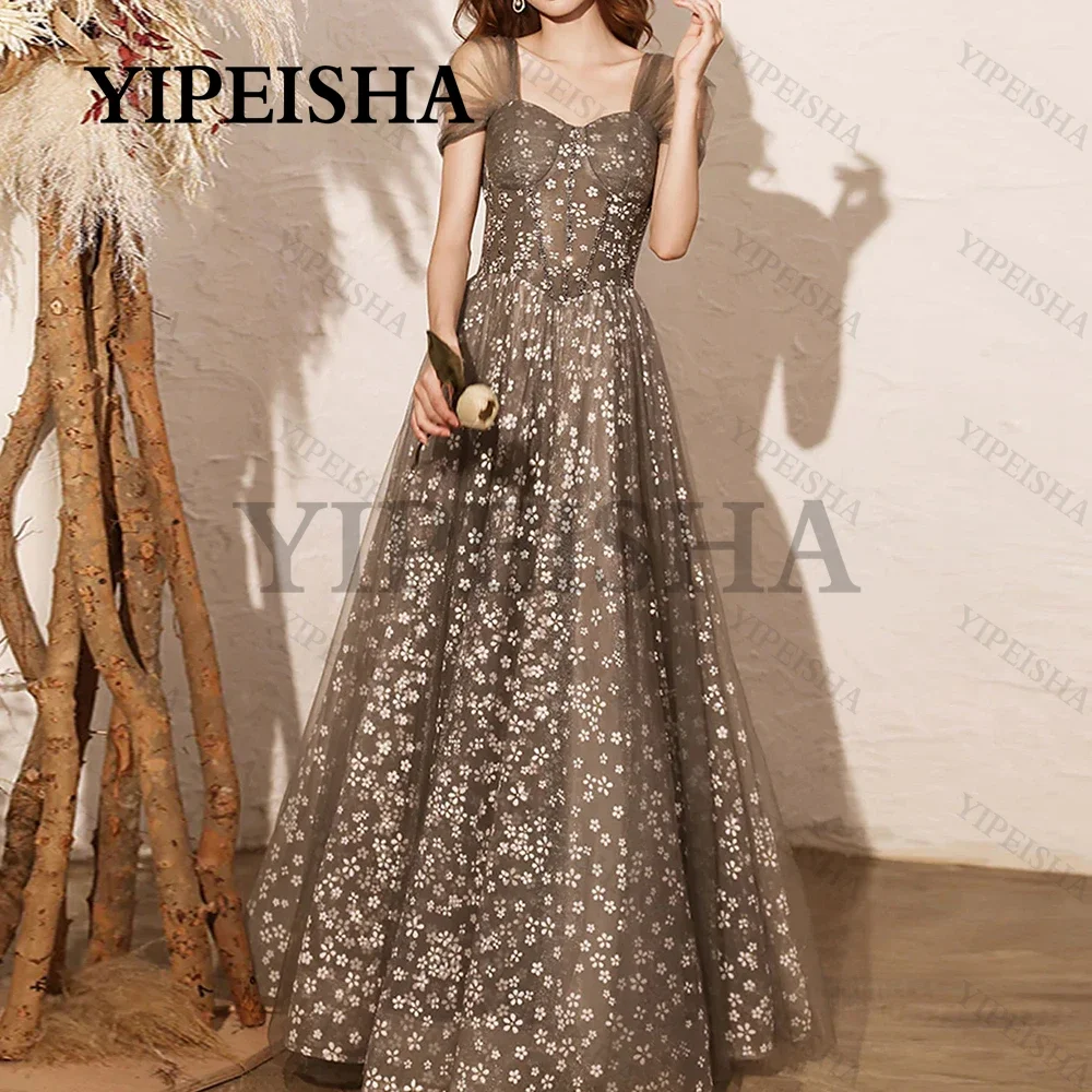 

Square Collar A-Line Prom Gwon Sakura Lace Tulle Short Sleeve Flowers Long Evening Dress Gray Party robes de soirée
