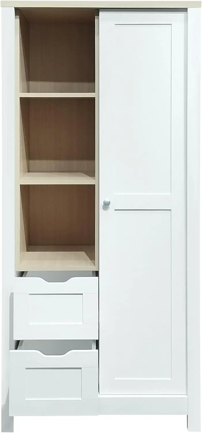 Kids Armoire Wardrobe Closet, Small Wardrobe Closet with 2 Hanging Rods and Drawers, Freestanding Wood Closet with Shel