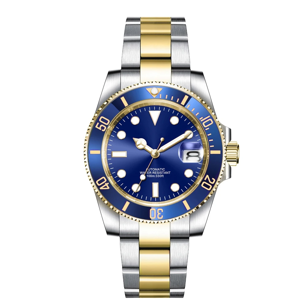 Custom Logo 40MM Luxury NH35 Automatic Watch Two Tone Gold Sapphire Glass Ceramic Bezel Men Diver Watches Male reloj hombre