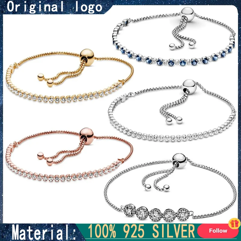 New 100% 925 Silver Shining Tennis Bracelet Rope Sliding Buckle Bracelet DIY Charming Jewelry Gifts Fashion Light Luxury