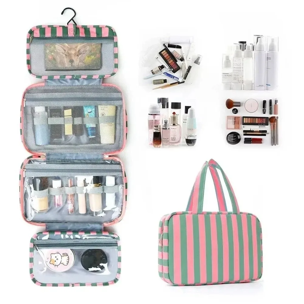 Portable Hanging Travel Toiletry Bag 4-Fold with Hook Makeup Bag Large Capacity Striped Cosmetic Bag Travel 5