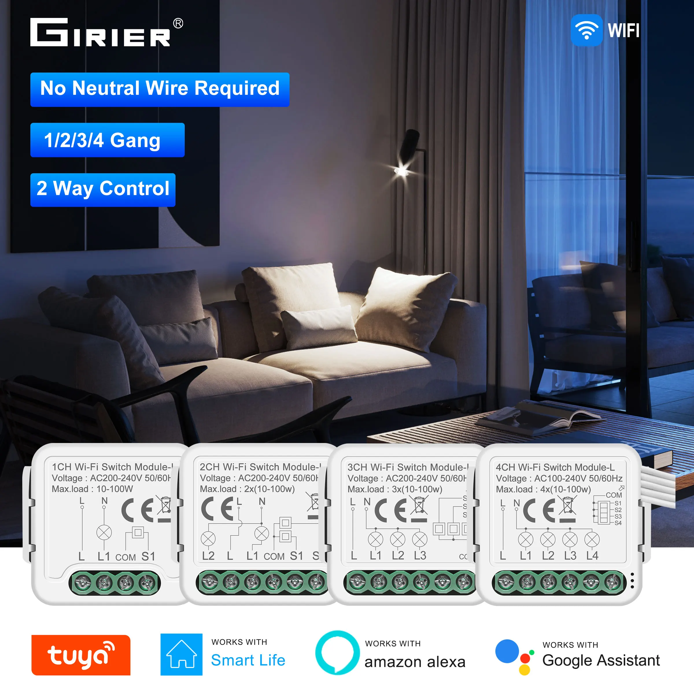 

GIRIER Tuya Smart WiFi Light Switch Module 1 2 3 4 Gang No Neutral Required Breaker 220V Supports 2 Way Control Alexa Hey Google