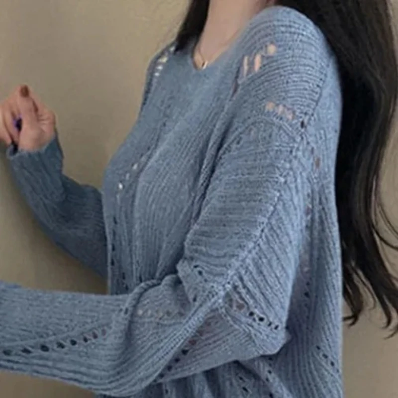 Summer and Autumn Women's New Knitted Hollow Long Sleeve Sweater Fashion Crew Neck Solid Color Elegant Pullover