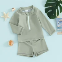 Long Sleeve Kids Boys Girls Swimwear Bikini Set Solid Color Front Zipper Toddler Swimsuit + Swim Shorts Infant Beach Wear 4