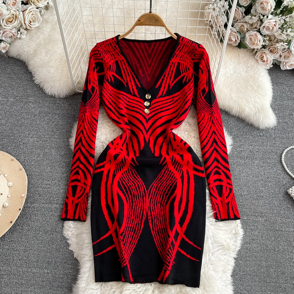 

Женское трикотажное платье ALPHALMODA, винтажное короткое платье-свитер с длинными рукавами и рисунком на осень 2023