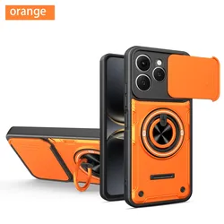 Armor Shockproof Case with Camera Lens Protector and Magnetic Ring Stand Cover for Tecno Spark Go 2024 (Orange)