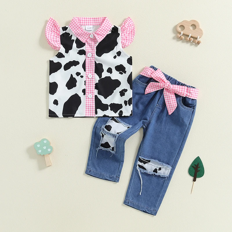 Focus norm 1-6y Mode kleine Mädchen 2pcs Western Kleidung setzt Rüschen Fliegen ärmel Kuh Print Shirt Denim Gürtel Hose