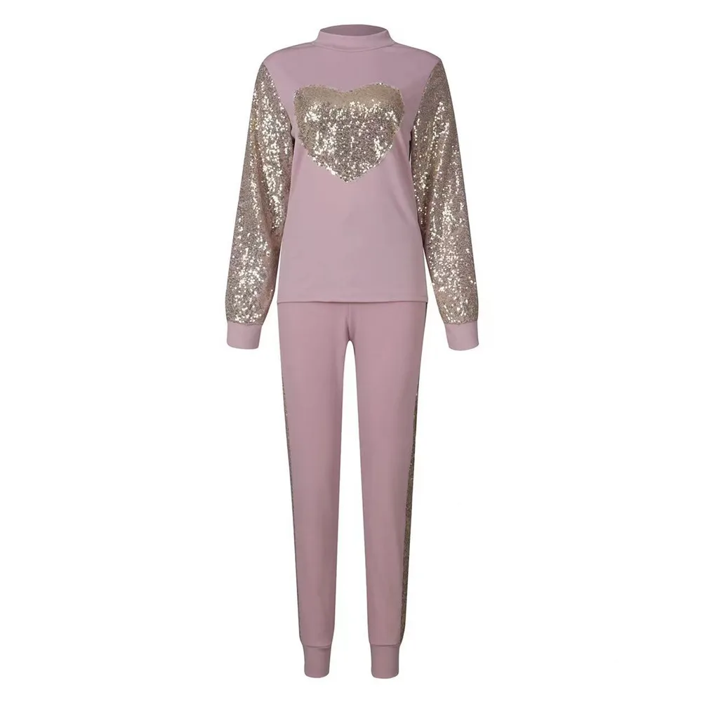 SKMY 2024 Autumn Winter New Arrival Two Piece Set For Women Love Heart Sequins Patchwork Long Sleeve Tops Casual Pant Sets