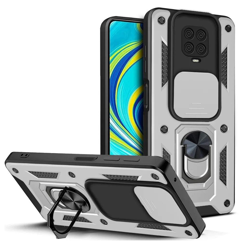 Shockproof Armor Case with Ring Holder and Slide Lens Protector
