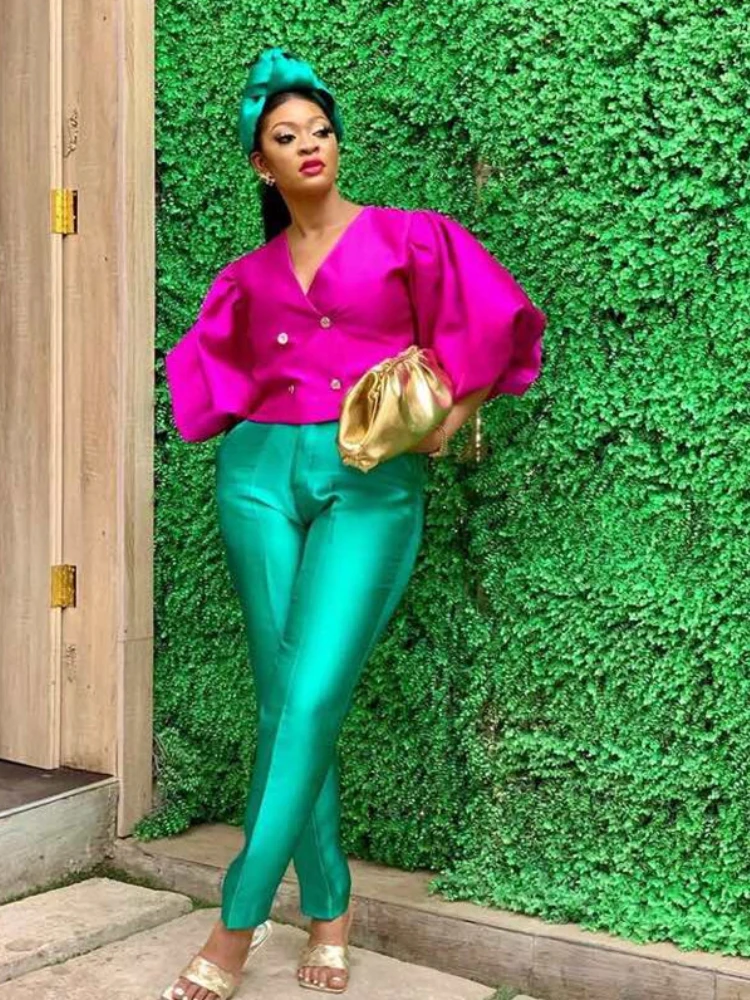 

Women Two Pieces Sets V Neck Tops Lantern Sleeves Double Buttons High Waist Trousers Suits Elegant Office Fashion Modest Set New