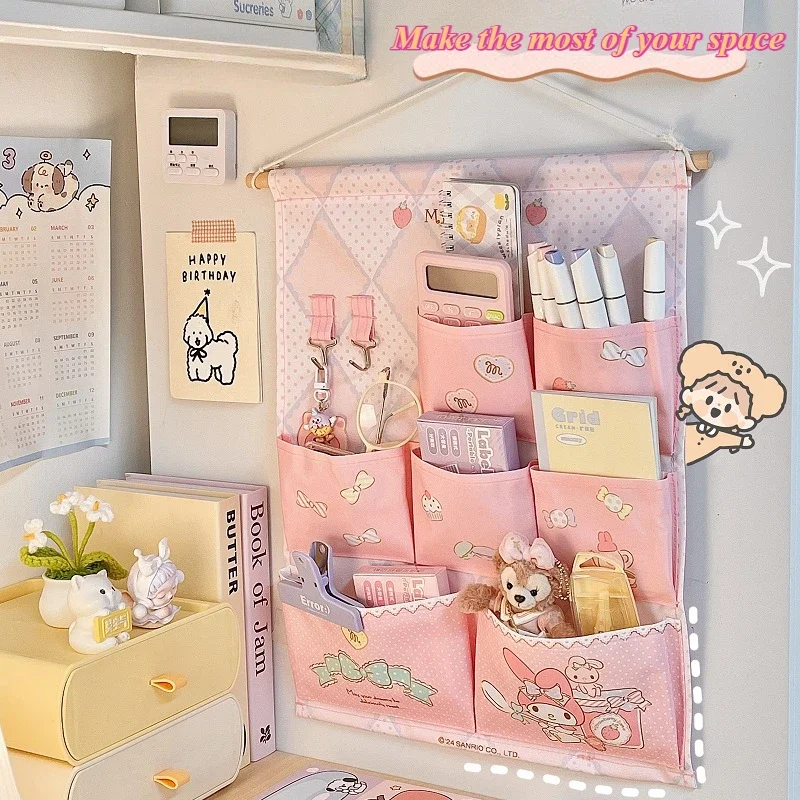 Sanrio Wall Mounted Bag Organizer Cute Pink Kuromi Cinnamoroll My Melody Wall Hanging Fabric Caddy Storage Bag Organizers Pocket 3
