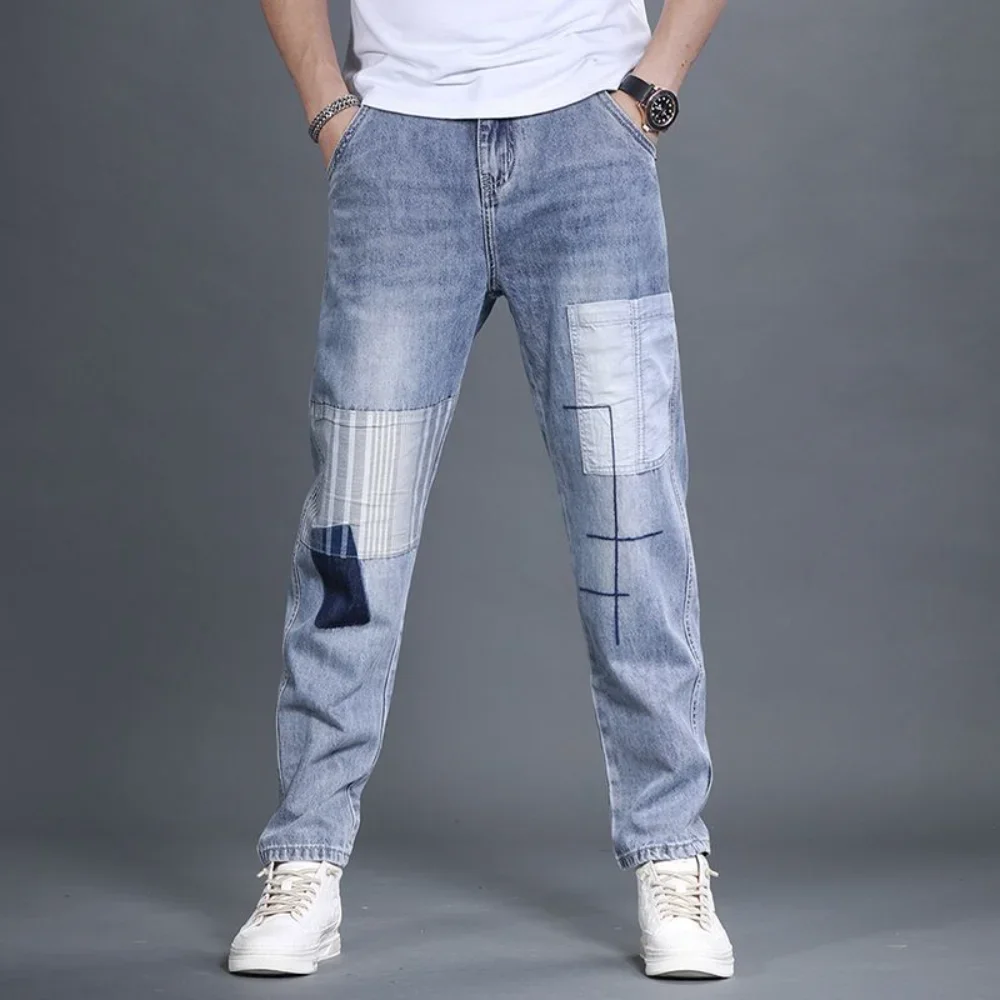 

Men Jeans Patchwork Multi-Pocket Couple Denim Pants Beggar Style cargo pants High Street Casual Male Streetwear pantalon homme
