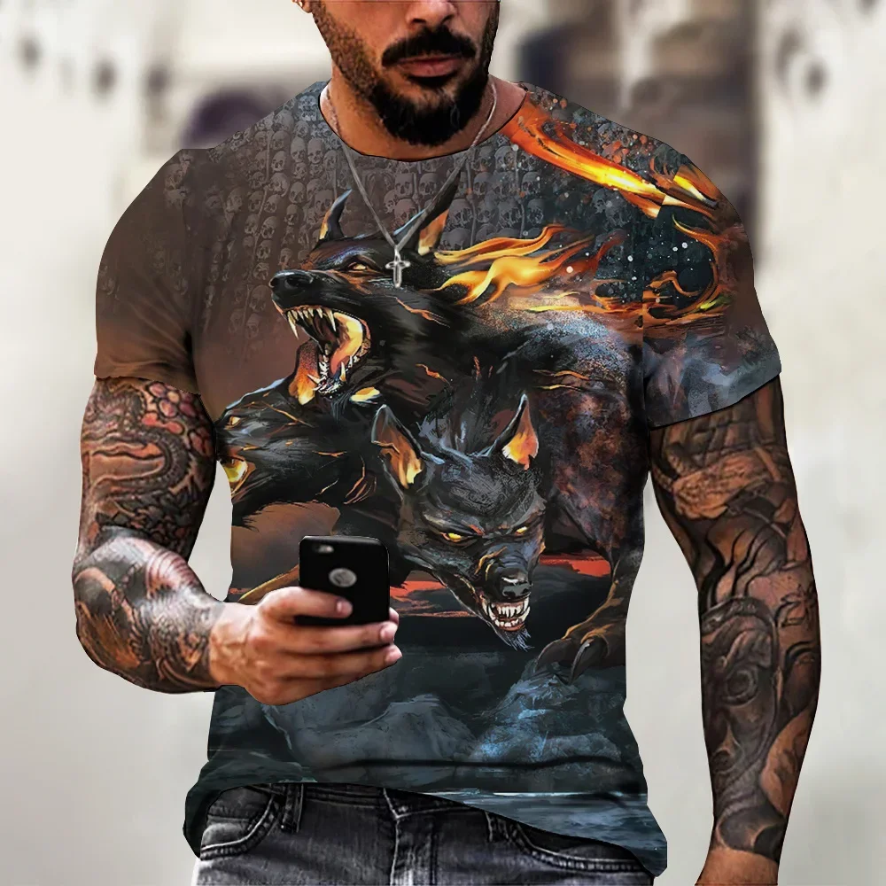 

Fierce Animal Print T Shirt For Men Hell Three -Headed Dog Pattern Street Fashion Short Sleeve Oversized Casual Clothing T-Shirt