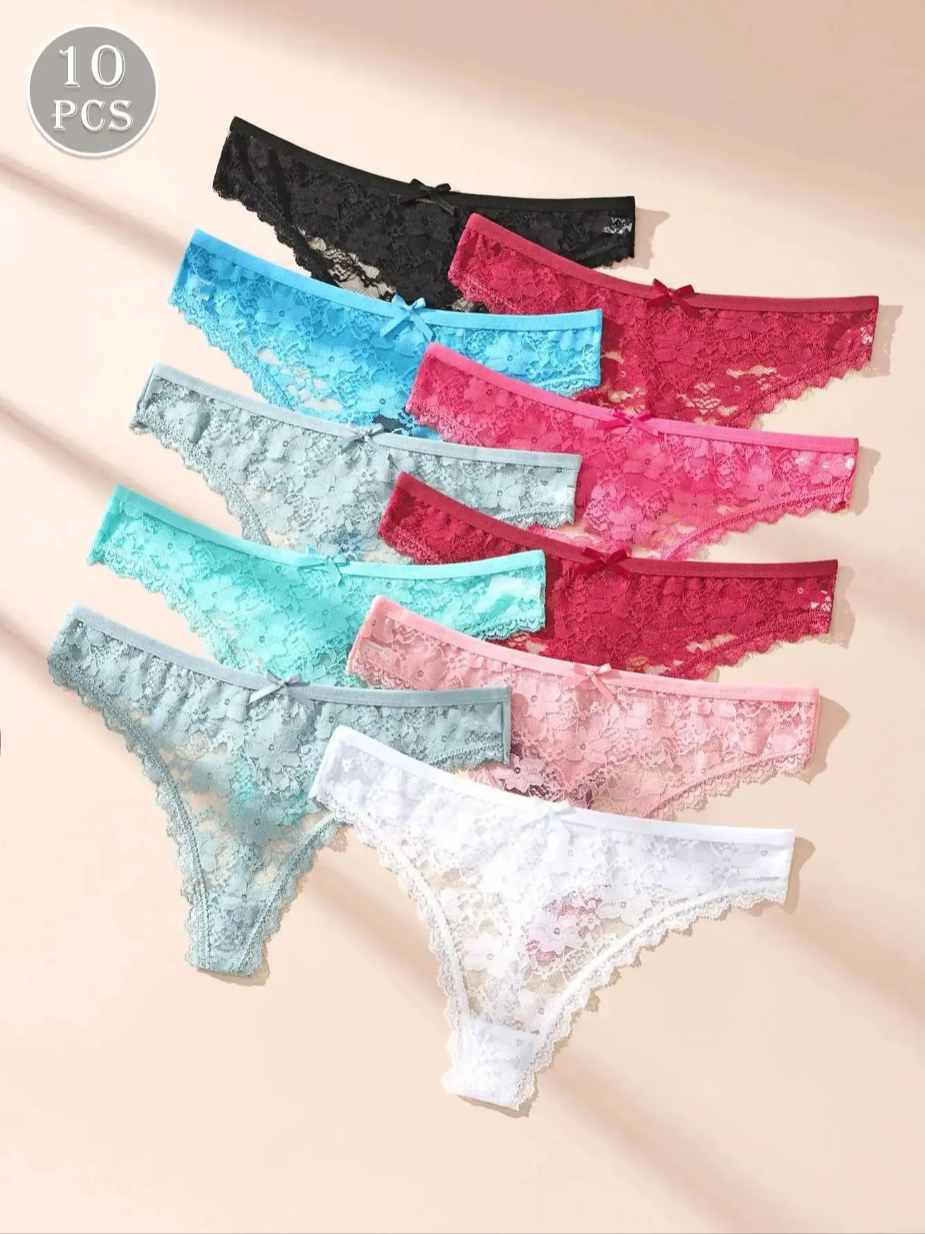Hotcom 10-Pack Sexy Low-Waist Solid Color Lace Thong Black Bow Ladies Underwear