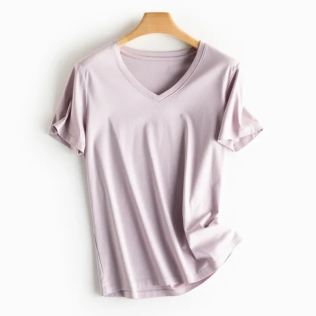 Brand New Women's Mulberry Silk Mercerized Cotton T Shirt Women T-Shirt Loose Simple V Neck Slim Short Sleeve Top Tees 2