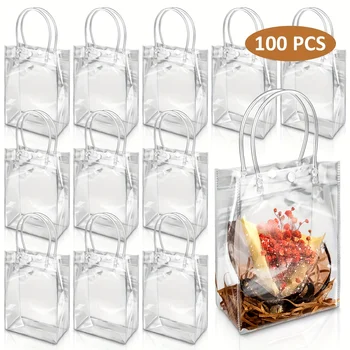 Gift for Her/Him 100pcs Clear Gift Bags with Handle, 5.9" X 7.9" X 2.8", Transparent Plastic Gift Wrap Bags Bulk Reusable Clear 1