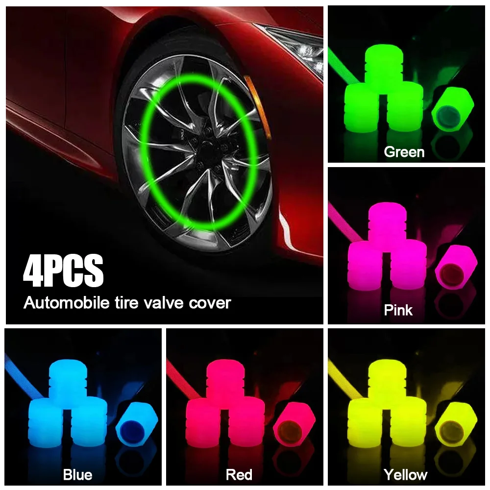 

4pcs Luminous Car Tire Valve Cap Fluorescent Night Glowing Decor Motorcycle Bike Wheel Nozzle Dustproof Tyre Valve Stem Caps