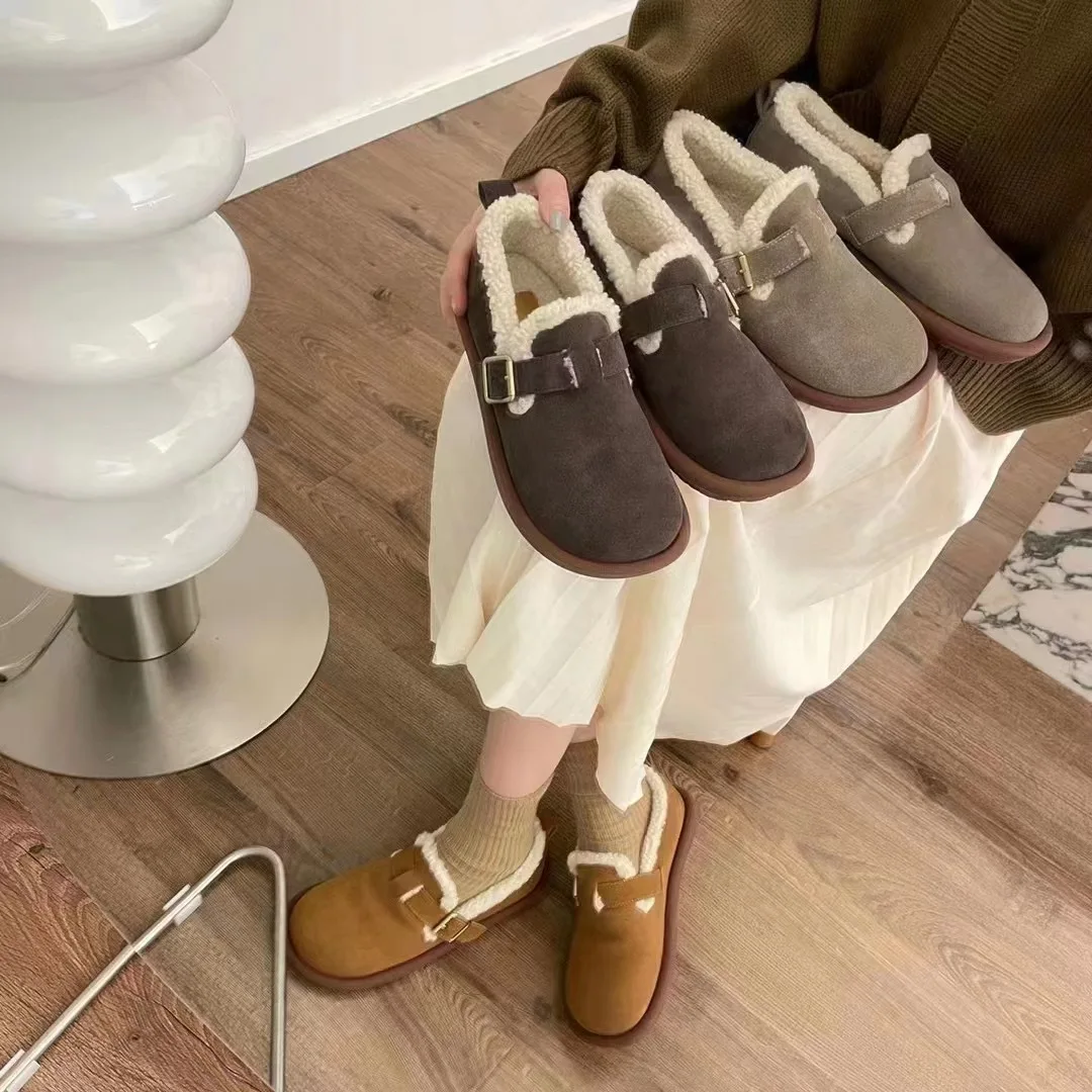 New Women's Fleece Shoes Winter Warm Snow Boots Thick Sole Round Head Comfort Cotton Shoes Casual Bean Loafers Urban