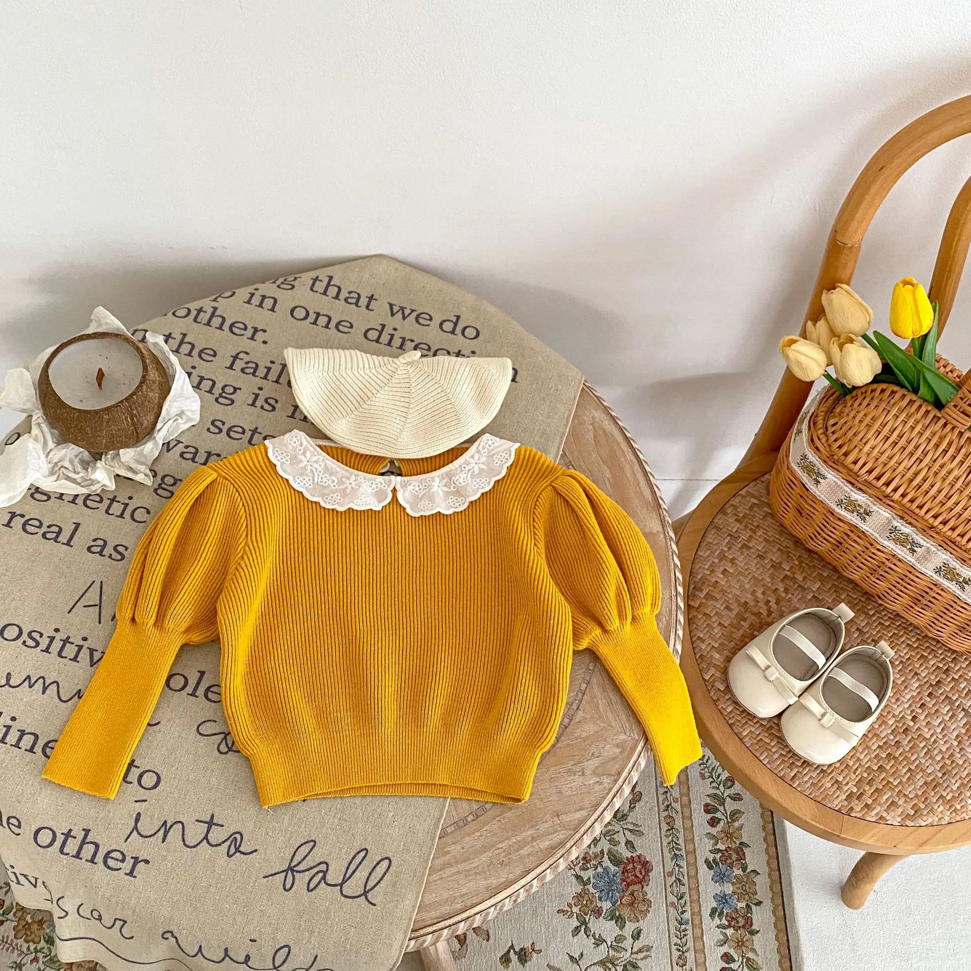 Spring New Baby Girl Lace Collar Bottoming Shirt Cotton Infant Toddler Puff Sleeve Knitted Pullover Girls Solid Casual Tops