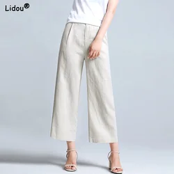 Calf-length Pants Button Pockets Zippers Women's Clothing Thin Summer Loose Wide Leg Solid Color Casual Elegant Straight Simple