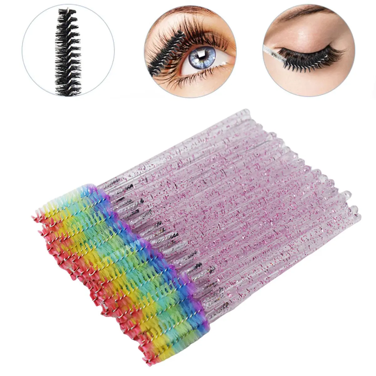 50pcs Disposable Mixed Color Eyelash Brushes Crystal Eye Lash Mascara Wands Glitter Lash Comb Spoolies Micro Makeup Applicators