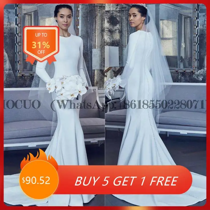 

Elegant O-Neck Long Sleeve Satin Wedding Dresses Pleated White Sweep Train Mermaid Bridal Gowns for Women
