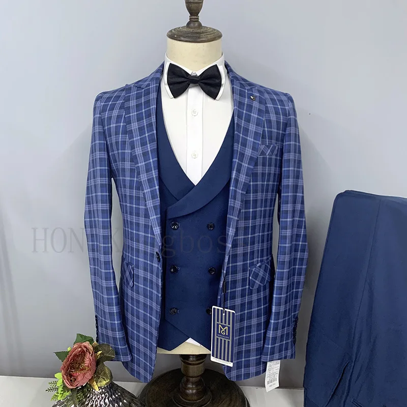 3 Pcs Suit Set Blazers Coat Vest Pants / Fashion Men Casual Business Plaid Big Lapel Groom Wedding Formal Dress Jacket Trousers | Мужская