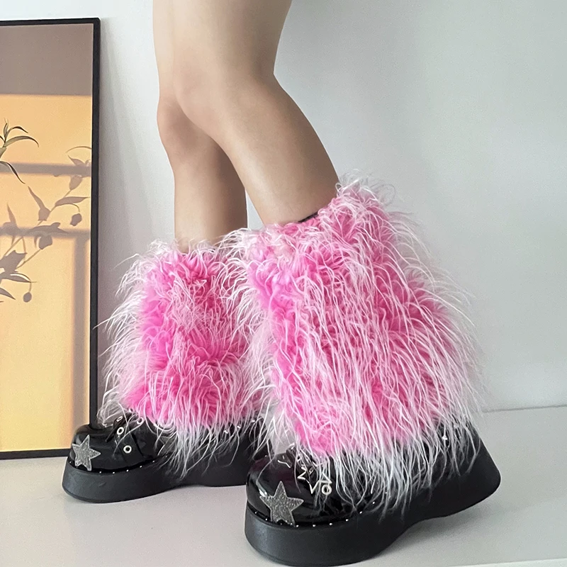 Ins 2000s Sweet Cute Pink Lolita Girls Gradient Faux Fur Leg Warmers Women Costume Leggings Hot Y2k Goth Punk Legcovers