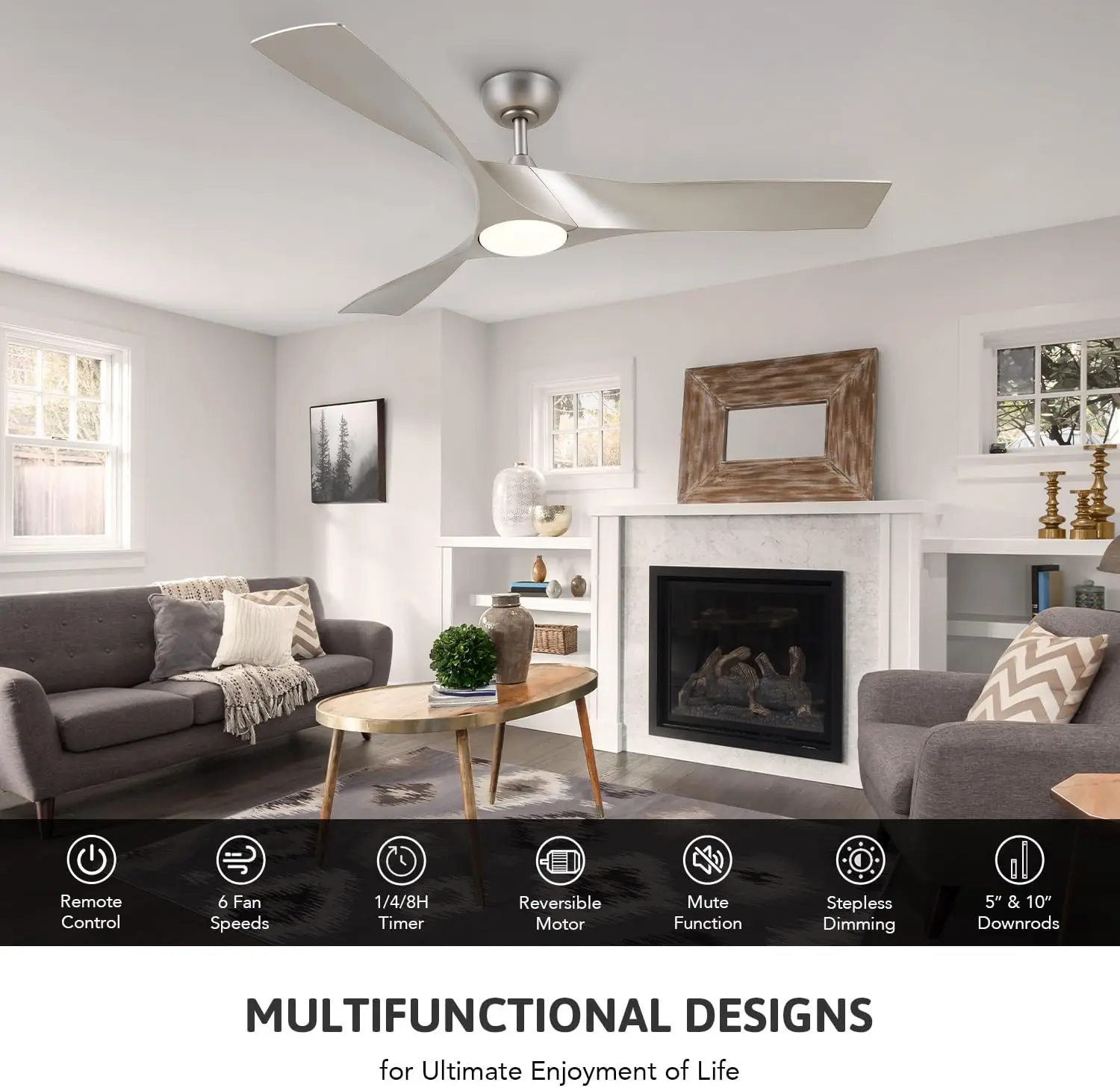 Ceiling Fans with Lights, 52 inch Ceiling Fan with Remote, 3 Blades, Noiseless 6-Speed Reversible DC Motor, Modern Ceili