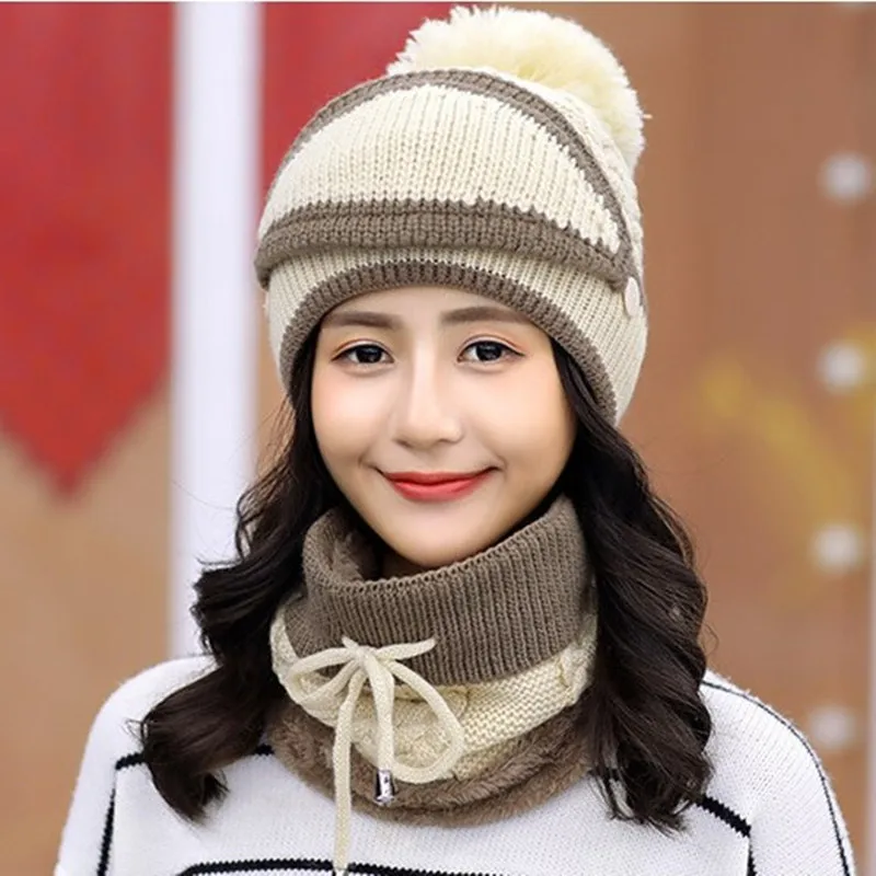 

Coral Fleece Winter Women Knitted Hats Add Fur Warm Winter Hats for Women with Zipper Keep Face Warmer Balaclava Pompoms Cap