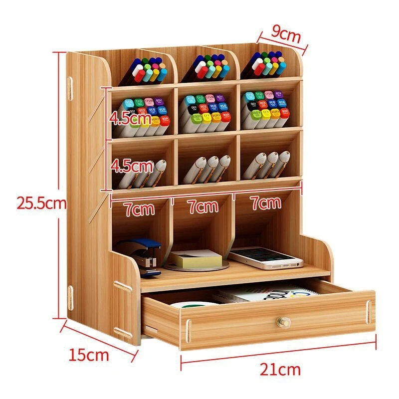 Pencil Holder, Wooden Desk Organizer with Drawers, 12 compartmentsk, Pen Holder Storage Box, Art Supply Organizer, Desktop 3