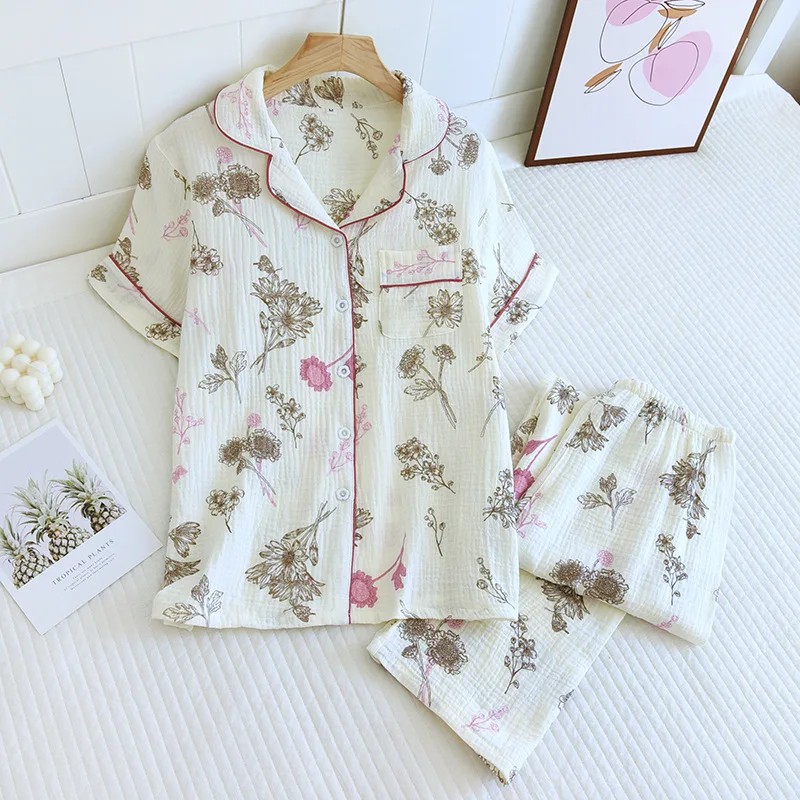 

2024 New Spring/Summer Women's Pajama Set 100% Cotton Crepe Short Sleeve+Pants Two Piece Set for Women's Cute Home Furnishings