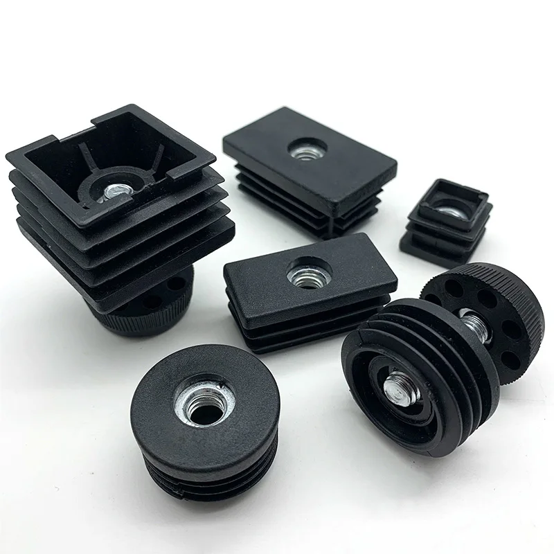 Plastic Pipe Caps 1/4/10pcs M6 M8 Black Square Plastic Pipe Plugs Adjustable Screw Foot Pad Furniture Leg End Caps 10 15 16 19 20 25 30 38 40 50mm