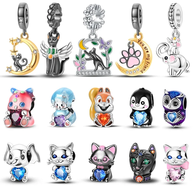 Gatto In Argento Sterling 925 Su Un'Altalena Colorato Unicorno Scoiattolo Pinguino Charms Perline Fit Pandora Bracciali Originali Gioielli Fai Da Te