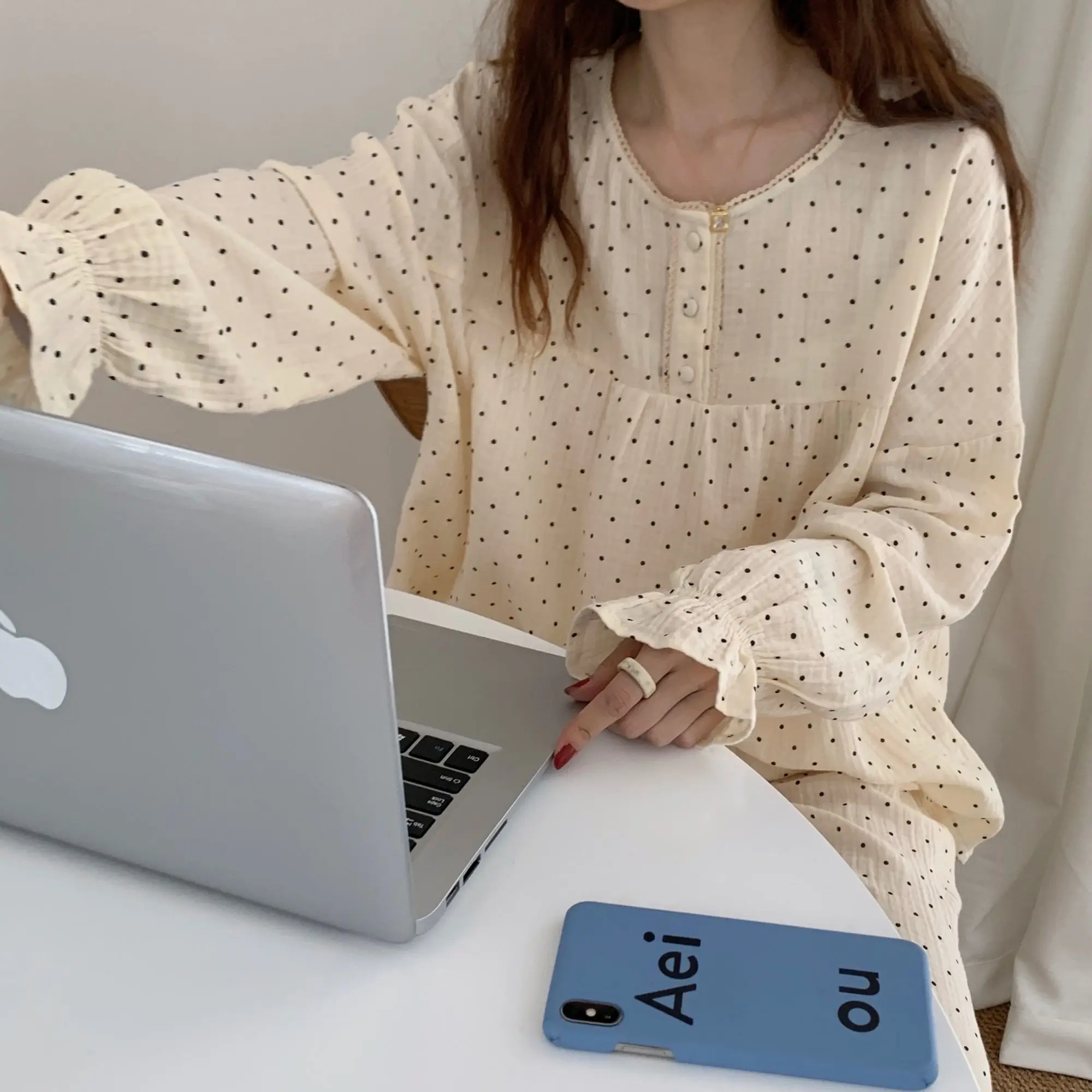 Women Nightgowns Sweet Lace Cotton Long Sleeve Loungewear