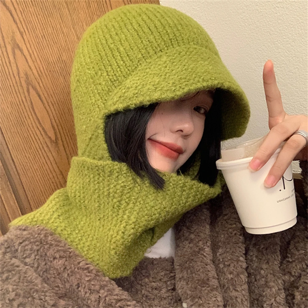 

Fashion Winter Women's Head Hooded Hat Scarf Dual-Purpose One Thick Warm Knitted Green Pullover Beanies Skullies for Girls