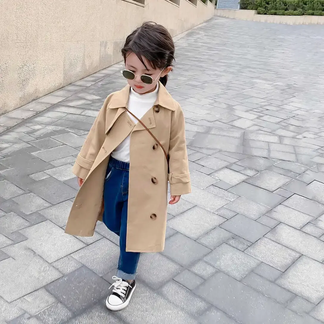 

2023 New Boutique Autumn Fashion Kids Girl Long Trench Coats Toddler Baby Outerwear Children Clothing England Style Windbreaker